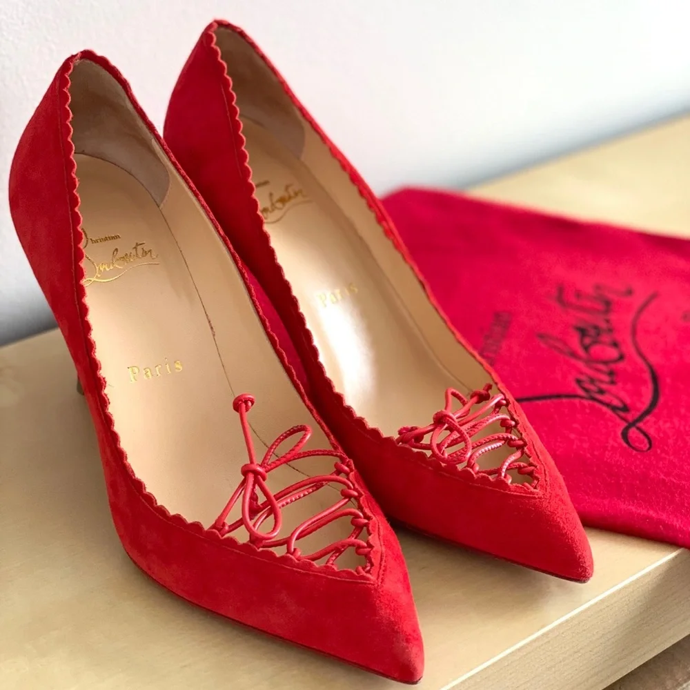 Christian Louboutin Cherry Red Scalopump 85MM Fraise Suede Heels 37.5 - Picture 2 of 12